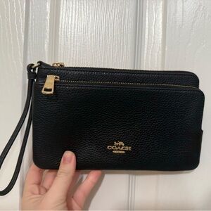 Coach Black Leather Wristlet with Gold Details